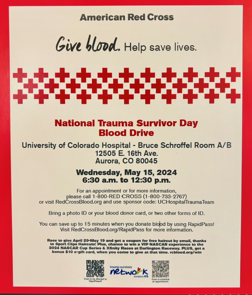 You too can contribute to National Trauma Awareness Month! A selfless act of donating blood can help save lives, and it only takes a short amount of time. See below for details! @uchealth @RedCross