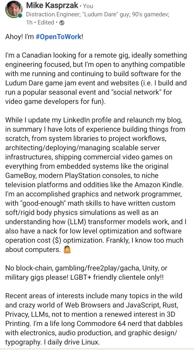 Since I've tried low-key looking for work without luck, here's me publicly announcing that I'm looking. 🎺 Based in Canada, I'm looking for remote work. It feels like I'm overqualified for everything, which has made searching difficult. 😅 Thanks! linkedin.com/in/mikekasprzak