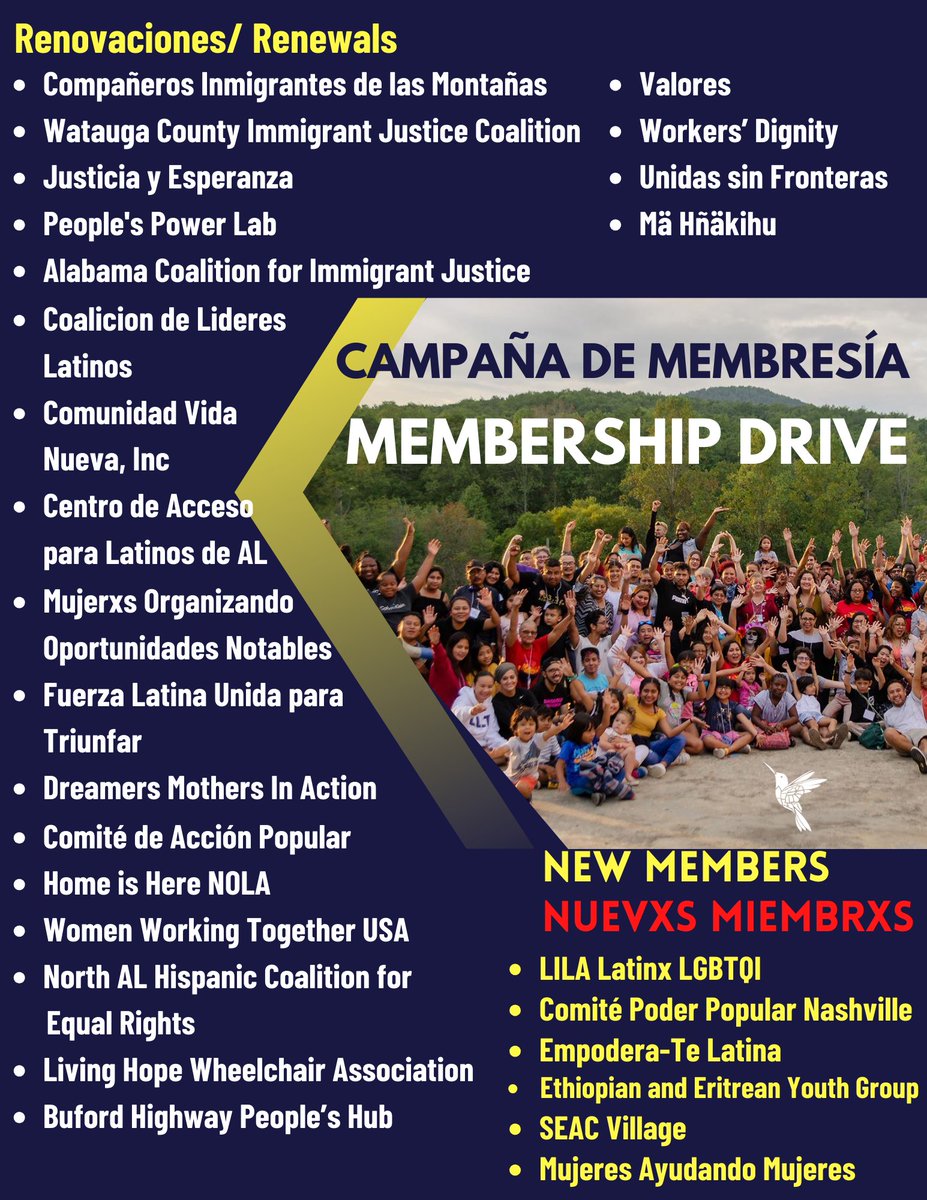 SEIRN - Southeast Immigrant Rights Network (@seirn) on Twitter photo Our Spring Membership Drive has ended, and we just want to say THANK YOU!
If you have not yet renewed your membership, you can do so here: seirn.org/become-a-member
We want to welcome our newest members: Ethiopian and Eritrean Youth Group, <a href="/SEACVillageCLT/">SEAC Village</a>, and M@M.
Thank you! Our Spring Membership Drive has ended, and we just want to say THANK YOU!
If you have not yet renewed your membership, you can do so here: seirn.org/become-a-member
We want to welcome our newest members: Ethiopian and Eritrean Youth Group, <a href="/SEACVillageCLT/">SEAC Village</a>, and M@M.
Thank you!
