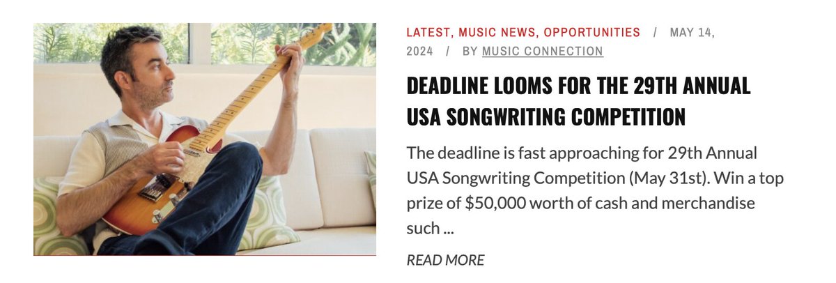 As seen in @musicconnection : Deadline Looms for the 29th Annual USA Songwriting Competition @usasong musicconnection.com/deadline-looms…