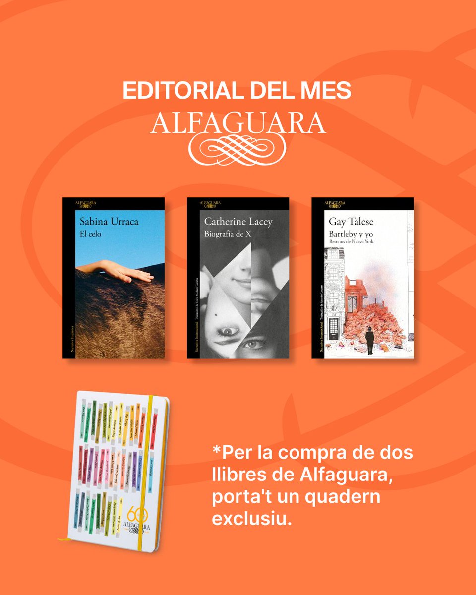 🤩La nostra editorial destacada del mes de maig és @AlfaguaraES

📚Per aquest motiu, per la compra de 2 llibres de l'editorial, emporta't un quadern exclusiu.

👉Teniu temps fins al 31 de maig fins a esgotar existències.

#editorialdelmes