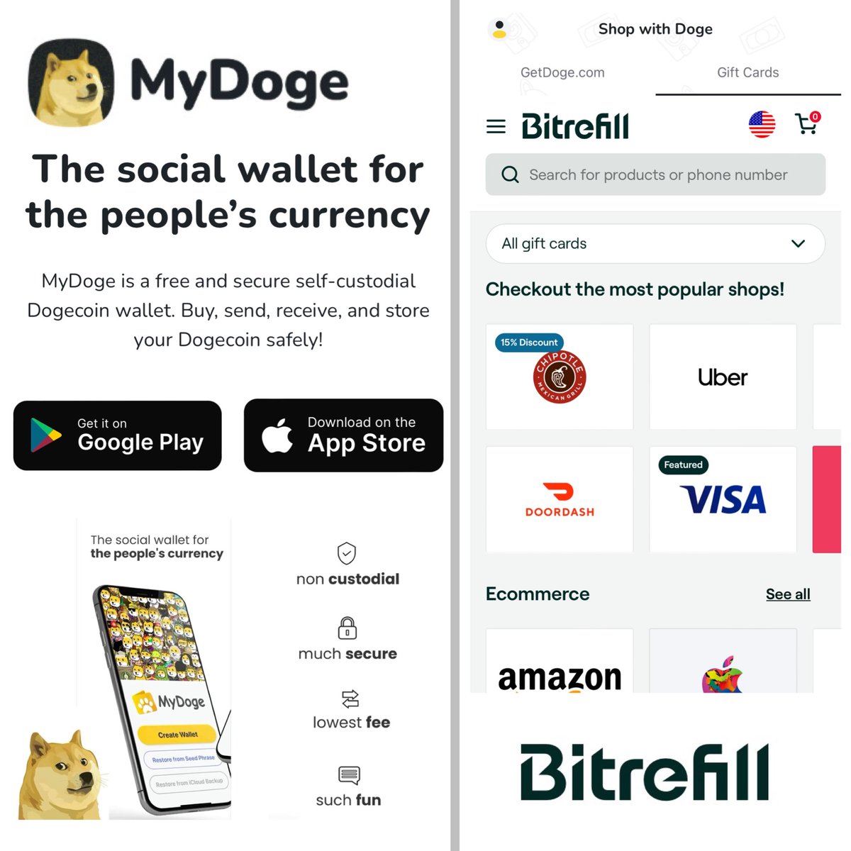 The MyDoge wallet has released a new update that contains Gift Cards from so many BIG retailers.  This means you can use your #Dogecoin at almost any retailer. You can even get a Visa Gift card, which is huge.  MyDoge and @bitrefill have partnered to make this possible  The