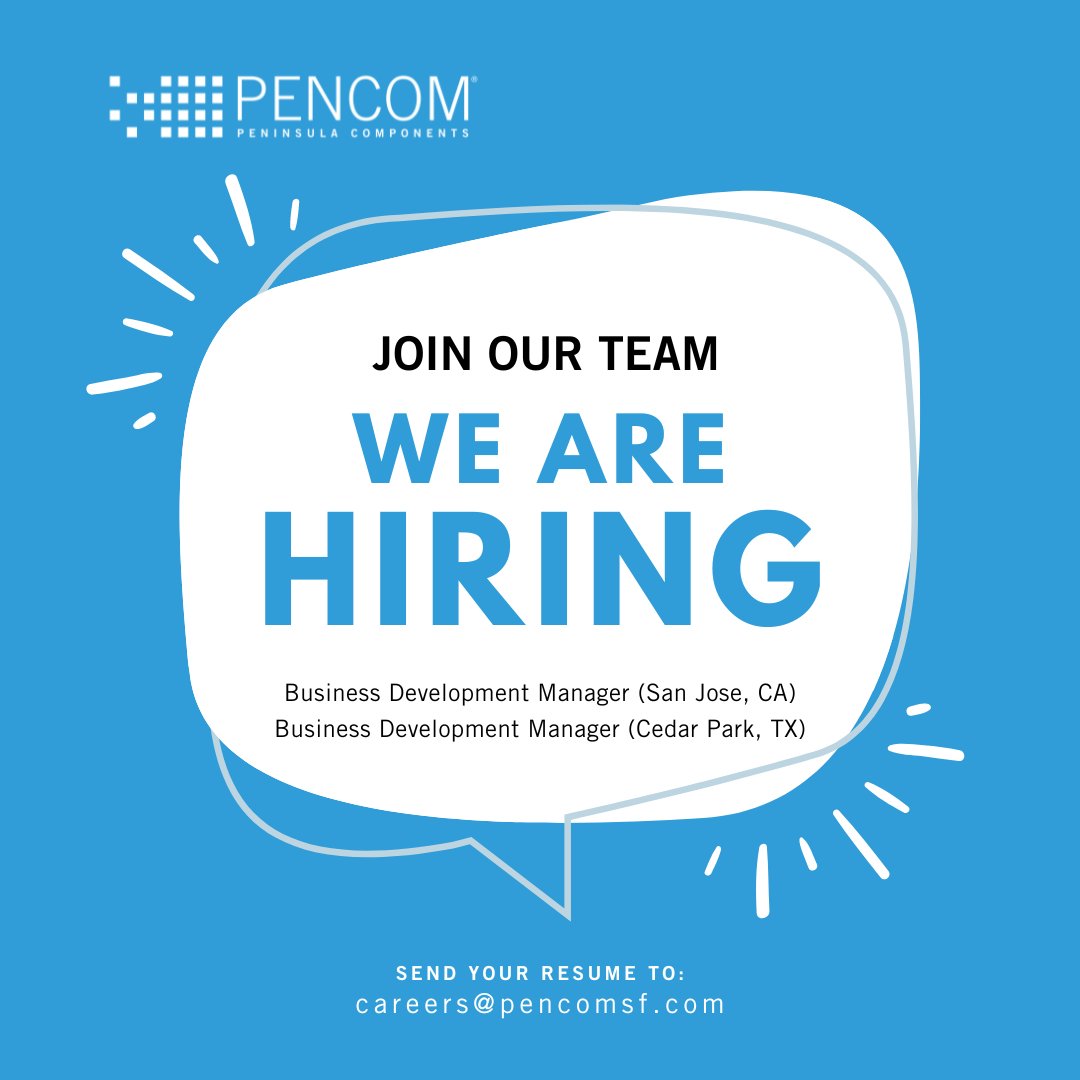 🌟Exciting opportunities await!🌟 We're hiring Business Development Managers for San Jose, CA, and Cedar Park, TX. Apply today to join the PENCOM team! San Jose: pencomsf.com/jobs/business-… Cedar Park: pencomsf.com/jobs/business-… #NowHiring #CareerOpportunity #JobSearch #JobOpening
