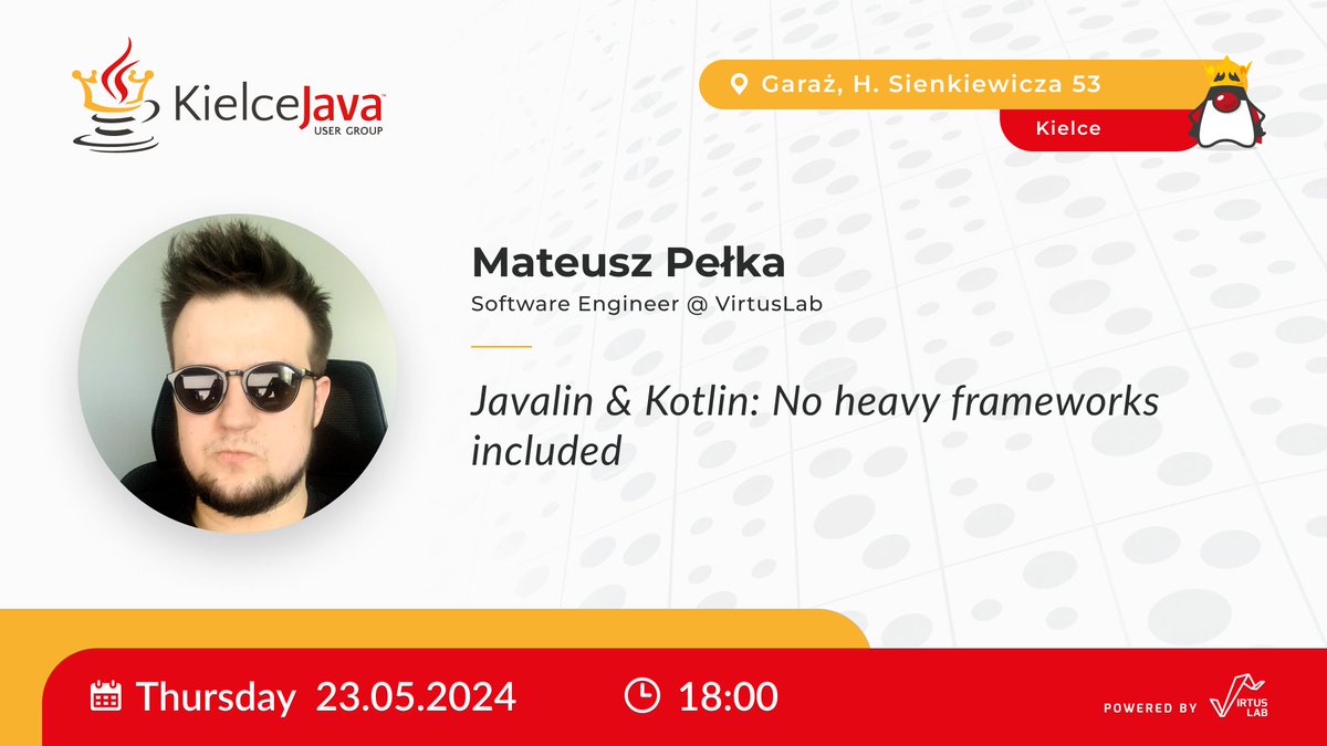 KielceJava's tweet image. KJUGowicze, zapraszamy na kolejne spotkanie!  Naszym gościem będzie Mateusz Pełka z @VirtusLab, który wygłosi prelekcję “Javalin & Kotlin: No heavy frameworks included”.     
Rejestracja i szczegóły: meetup.com/kielce-java-us…