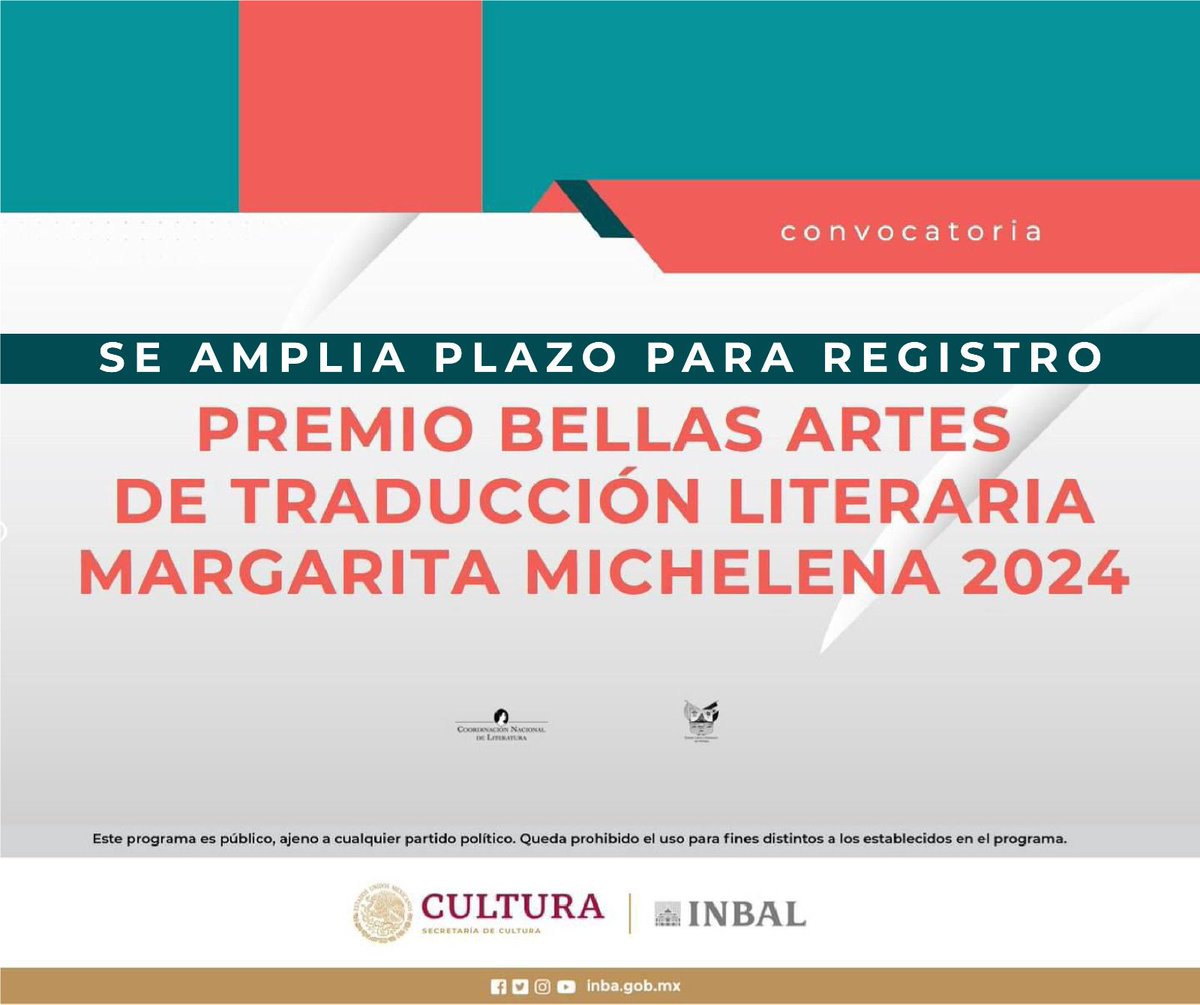 ✍️ ¡𝐒𝐄 𝐀𝐌𝐏𝐋𝐈𝐀 𝐄𝐋 𝐏𝐋𝐀𝐙𝐎 𝐏𝐀𝐑𝐀 𝐑𝐄𝐆𝐈𝐒𝐓𝐑𝐎! 🖋 Aún puedes participar en la convocatoria para el Premio Bellas Artes de Traducción Literaria Margarita Michelena 2024. 📝✨ Consulta las bases aquí 👉🏻 cutt.ly/ow2A0XKg