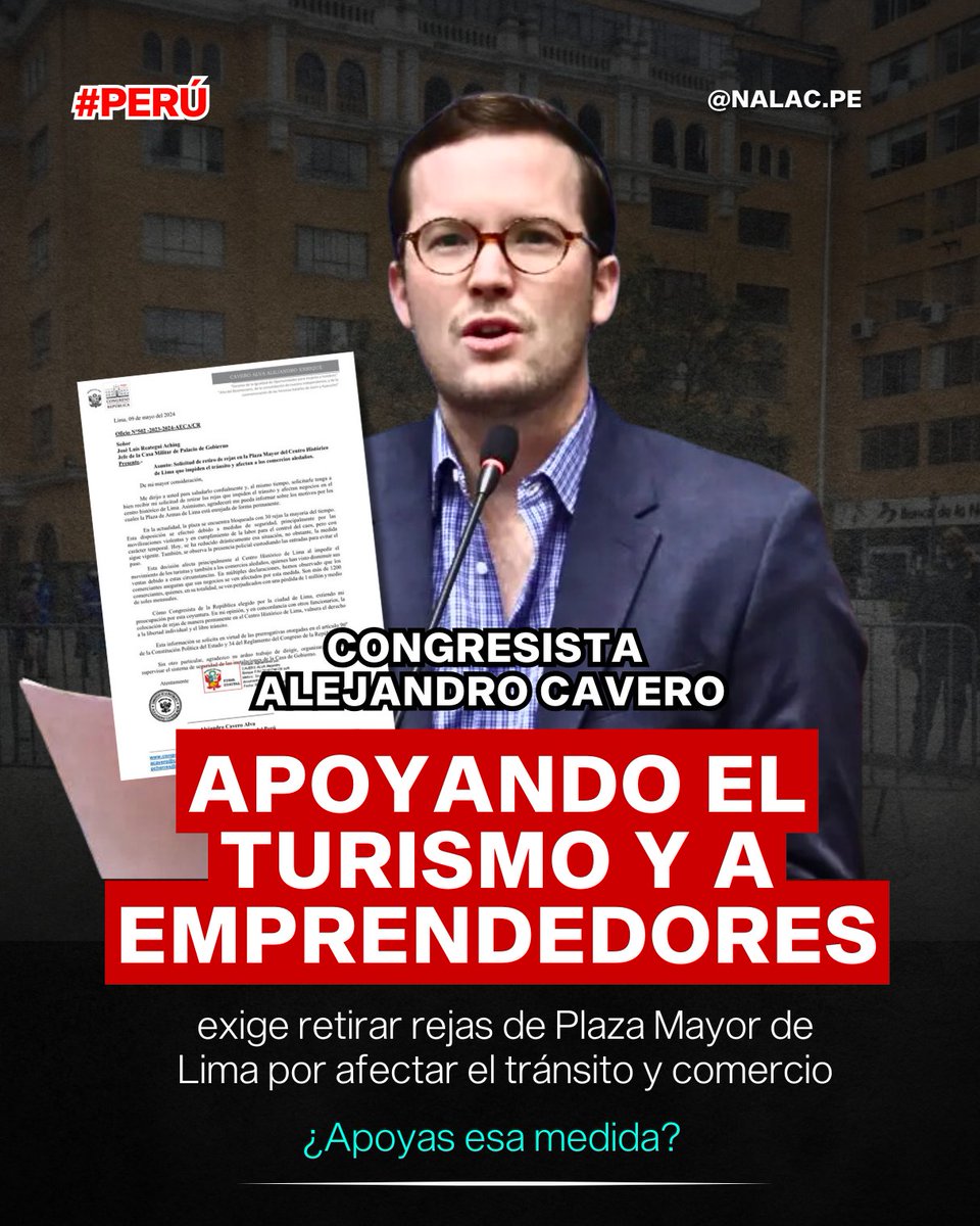 #Nacional | 🔎🇵🇪Congresista @AlejandroCavero apoya el turismo y a emprendedores: exige retirar rejas de Plaza Mayor de Lima por afectar el tránsito y comercio