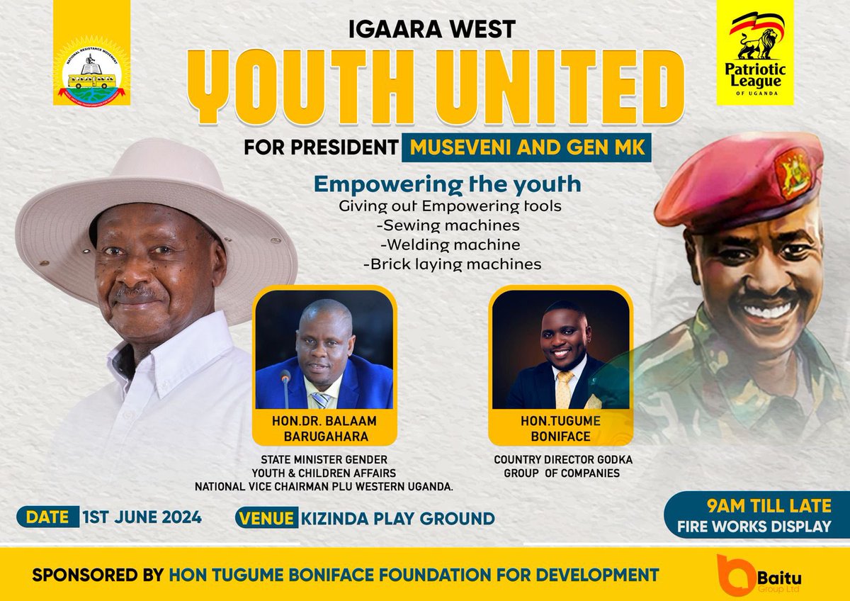 Hon. Dr. @BalaamAteenyiDr will be in Igara West for the Youth United for Gen @KagutaMuseveni & Gen @mkainerugaba empowerment rally. The event is sponsored by Hon Tugume Boniface Foundation in partnership with his office.
