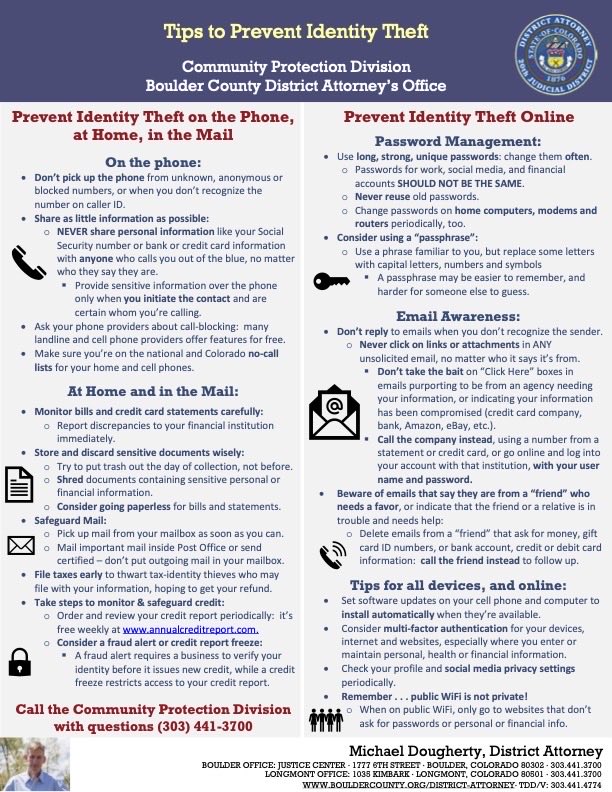 Many of our discussions in the community start with: “I am worried about my parents …” So, here are the DA Safety Tips to avoiding Identify Theft and scams.