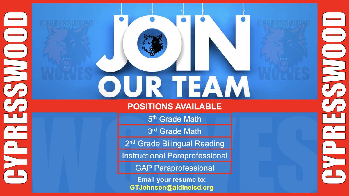 Trent Johnson (@trentgjohnson) on Twitter photo 📢 Exciting news! Your Fav Elementary <a href="/CypresswoodES/">Cypresswood Elementary</a> is hiring! 🌟 If you're passionate about education and making a positive impact, check out the opportunities available. Join our team and help shape the future of our students!
❤️🤍🖤🐺
Email resume:
GTJohnson@aldineisd.org 📢 Exciting news! Your Fav Elementary <a href="/CypresswoodES/">Cypresswood Elementary</a> is hiring! 🌟 If you're passionate about education and making a positive impact, check out the opportunities available. Join our team and help shape the future of our students!
❤️🤍🖤🐺
Email resume:
GTJohnson@aldineisd.org