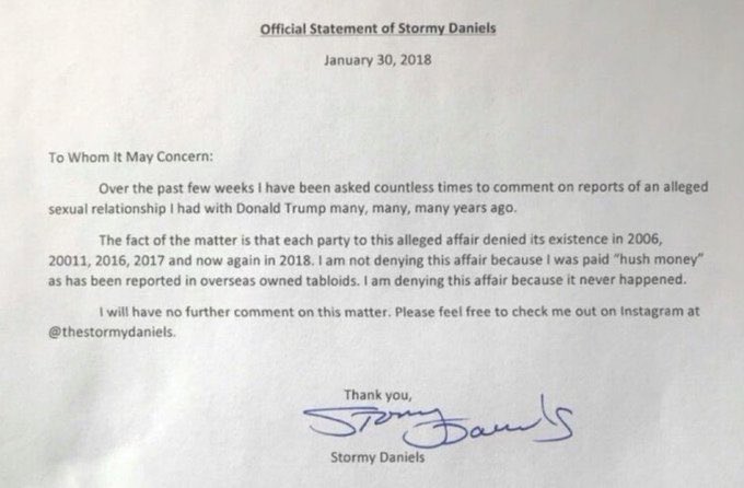 Stormy Daniels and her husband will LEAVE THE UNITED STATES if Rightful President Trump is found not guilty. Stormy, I hope you know no matter where you go, these TWO letters you signed saying that you lied about Trump will follow. Sure would be a shame if this went viral!