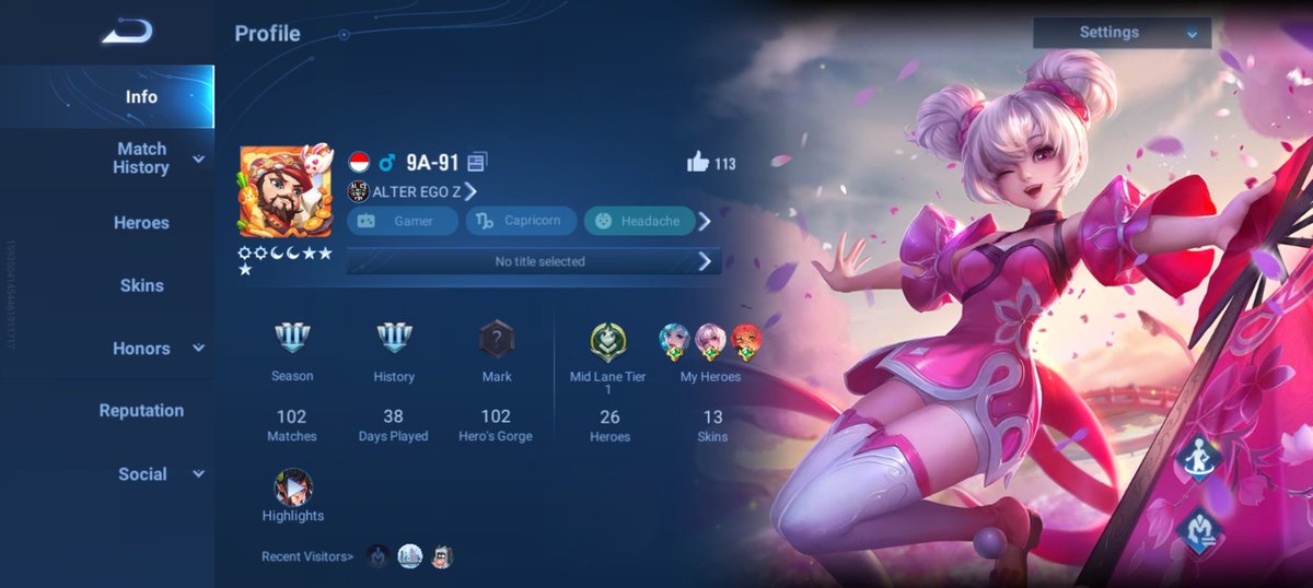 Raynanda97's tweet photo. @bjornnzeys Here coach 
whatsapp : +6285846746685
Role : mid lane
Rank : platinum 3
Winrate : 102 matches 62,7% https://t.co/WUOQQDhbrn