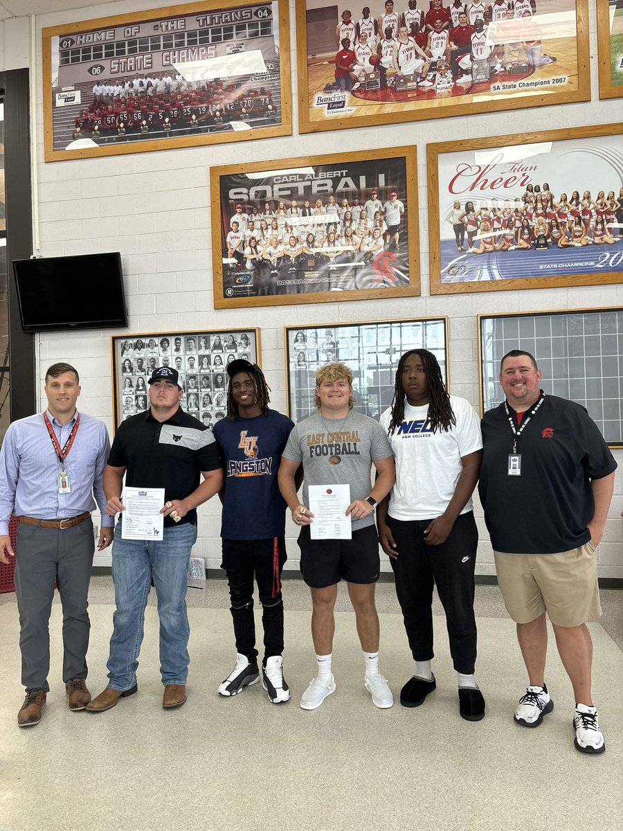 These Titans all signed with their respective colleges last week and I couldn’t be more proud of them. They are all going to do big things at the next level. Going to miss this D-Line! #OATAAT @BrockJohnson54 @EmersonWill77 @steven_d05 @MasonAndraco @CAHS_FOOTBALL17