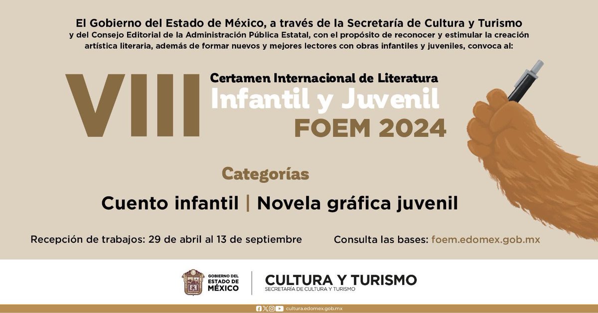 Forma parte de la convocatoria del VIII Certamen Nacional de Literatura #InfantilYJuvenilFOEM 2024. Podrás participar son: Cuento infantil y novela gráfica juvenil. El periodo para la recepción de obras concluye el 13 de septiembre Busca las bases en t.ly/PSiqo