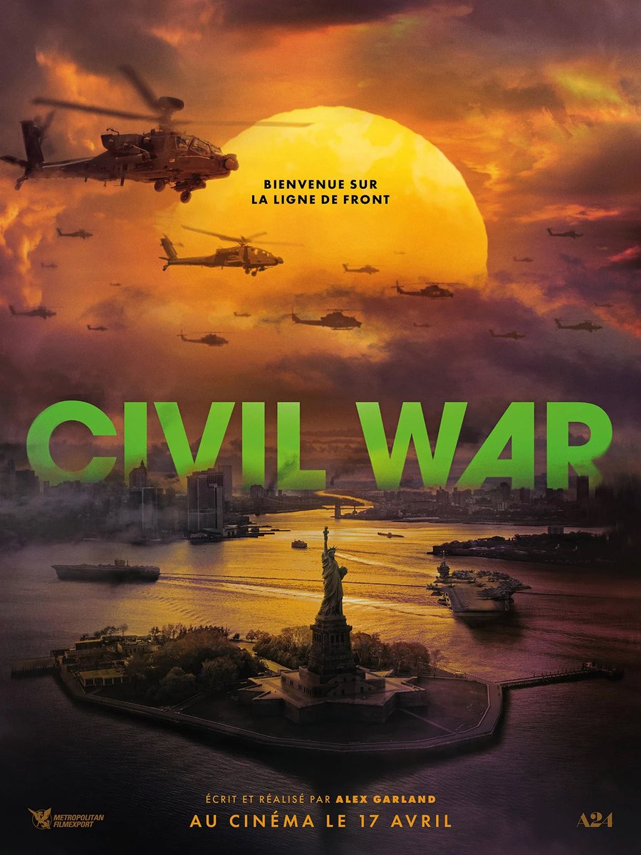 Film 105 🇺🇸 : #CivilWar : ★★★★☆ Film d’anticipation politique où une guerre civile éclate aux États Unis, avec à sa tête un dirigeant incontrôlable. On y suit une équipe de journalistes qui traverse un pays malade. C’est puissant et haletant. Immense coup de coeur.