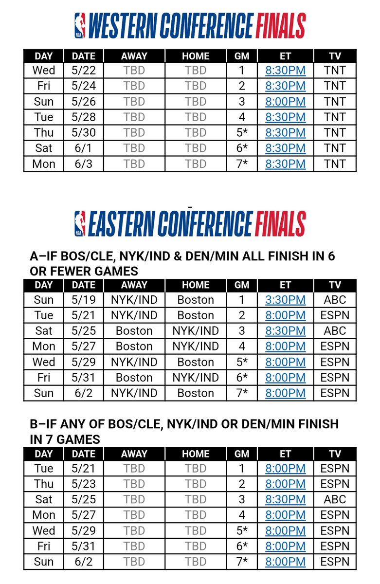 #NBA Western Conference Finals and Eastern Conference Finals schedule. #NBAPlayoffs