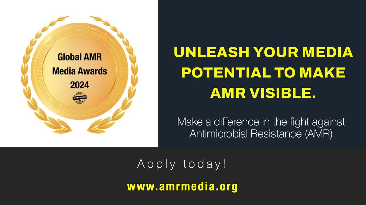 🏆Attention #journalists and other #media professionals

We are delighted to announce the launch of Global #AntimicrobialResistance Media Awards 2024

#MakeAdifference & get recognised.

Apply: amrmedia.org/global-amr-med…

#AMR #AMRsurvivors #communication #health #OneHealth #SDGs