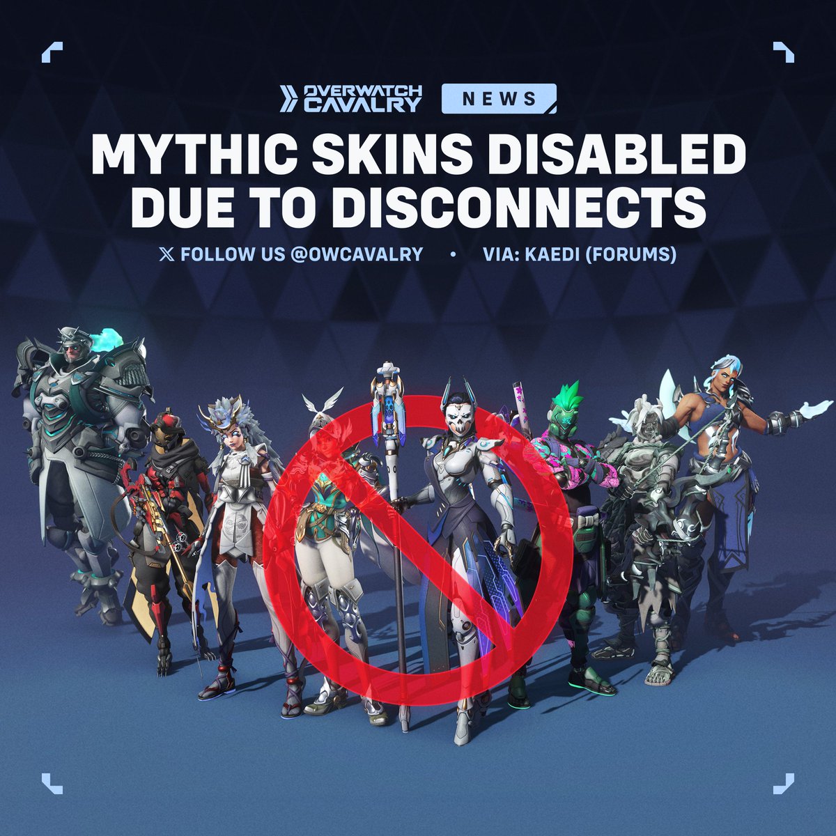 Mythic Skins have been disabled in #Overwatch2 🚫

The team is investigating an issue with the latest patch that is causing crashes or disconnections. The Mythic Shop has been disabled while they work on a fix.

🔌 Leaver Penalties have also been waived.
