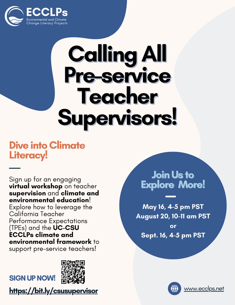 🌍 Explore climate and environmental literacy with the ECCLPs team. Discover practical ways to integrate these essential concepts into your teaching and support pre-service teachers on their journey. 🤝 Plus, there's more! 🗓️ Save the date! Choose from three sessions!