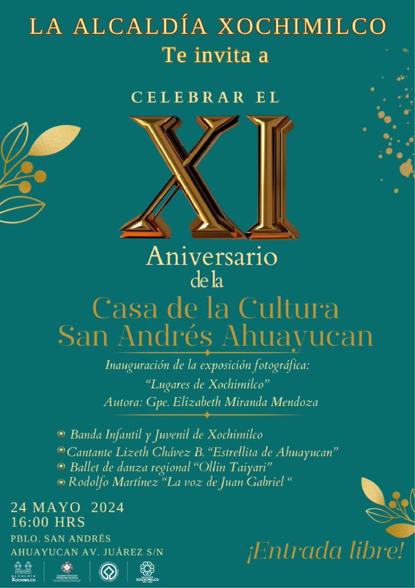 #EntradaLibre Te invitamos a celebrar al 1⃣1⃣º aniversario de la Casa de Cultura de San Andrés Ahuayucan este viernes 24 de mayo, a partir de las 16:00 horas. Habrá grandes evento.🎻🎹📷

¡Te esperamos!