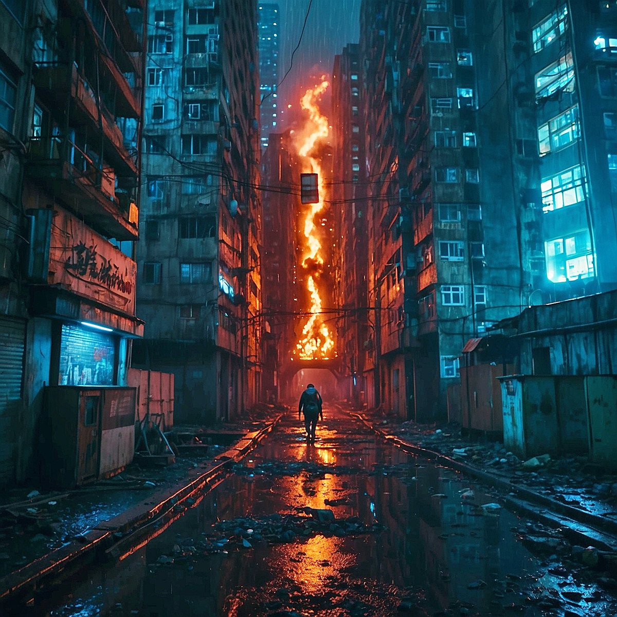 In the heart of the neon-lit Cyberpunk Metropolis, a towering structure succumbs to flames, casting flickering shadows over the chaotic streets, a symbol of decay in the unforgiving urban sprawl!! 🔥 #nftpix #digitalartists #aiartistcommuity #cyberpunk