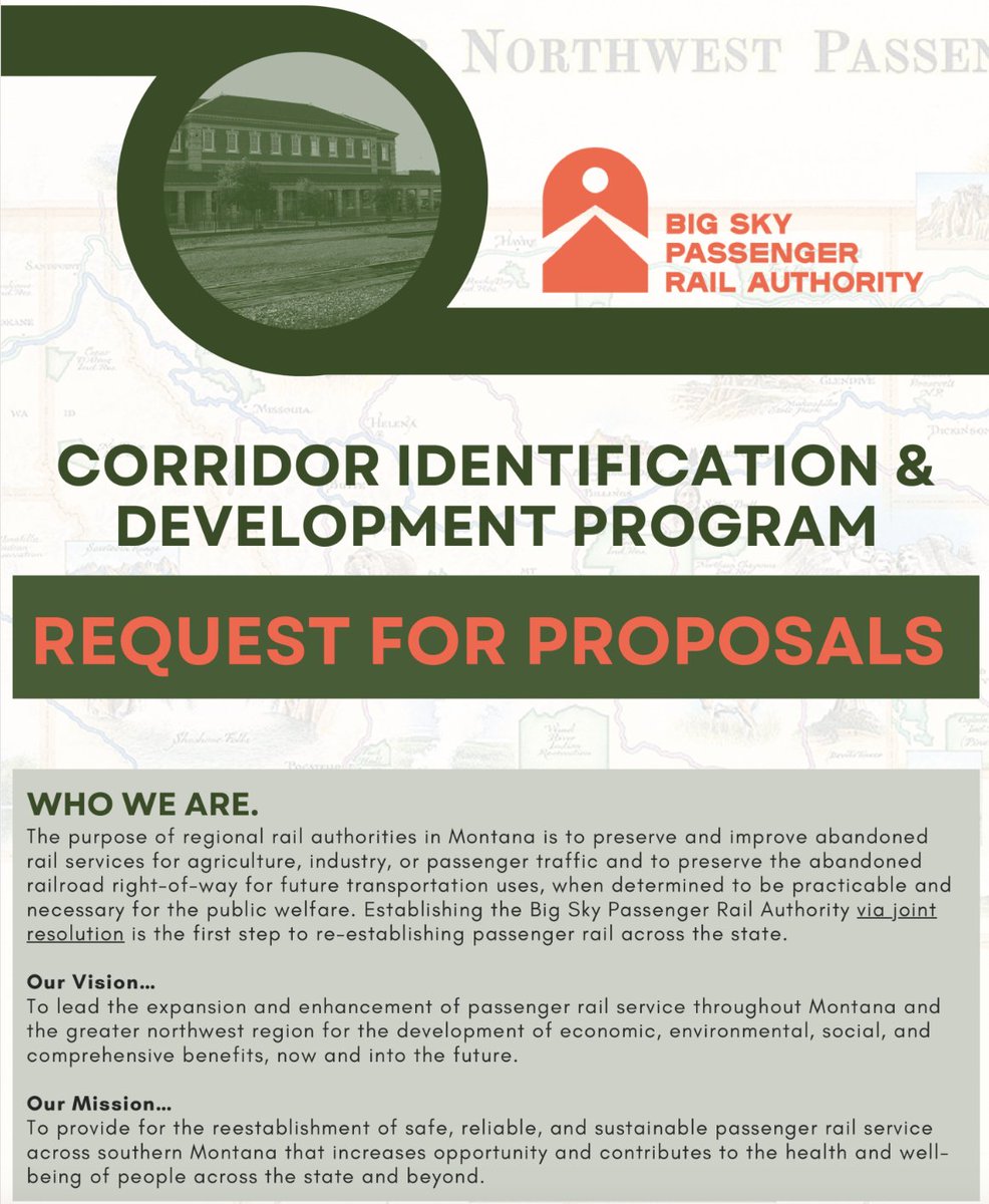 .@bigskyrailmt (the “Authority”) is seeking professional services for Step 1 – 3 of the @USDOTFRA 's Corridor Identification and Development Program for the renewal of passenger rail service on the former North Coast Hiawatha Line. bigskyrail.org/requestforprop…