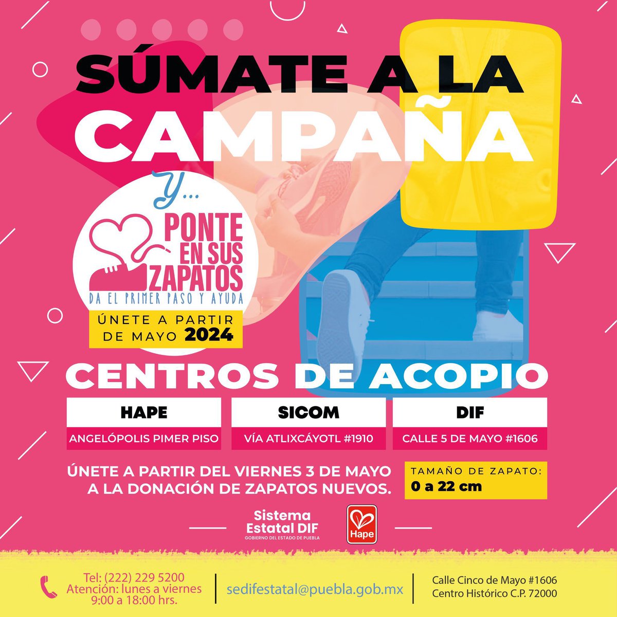 Súmate a la campaña #PonteEnSusZapatos y dona zapatos nuevos. 👟Tamaño del zapato: 0 a 22 cm 📍#SICOM es centro de acopio. Da el primer paso y ayuda 🙏🏻 @DIFGobPue