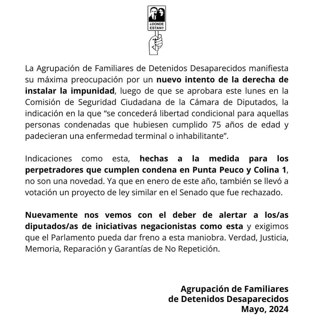 🔴Declaración  @AFDDChile respecto a  nuevo intento de la derecha de instalar la impunidad, luego de una indicación en la comisión de seguridad ciudadana en la cámara de diputados y diputadas. 
#verdadyjusticia #noalaimpunidad