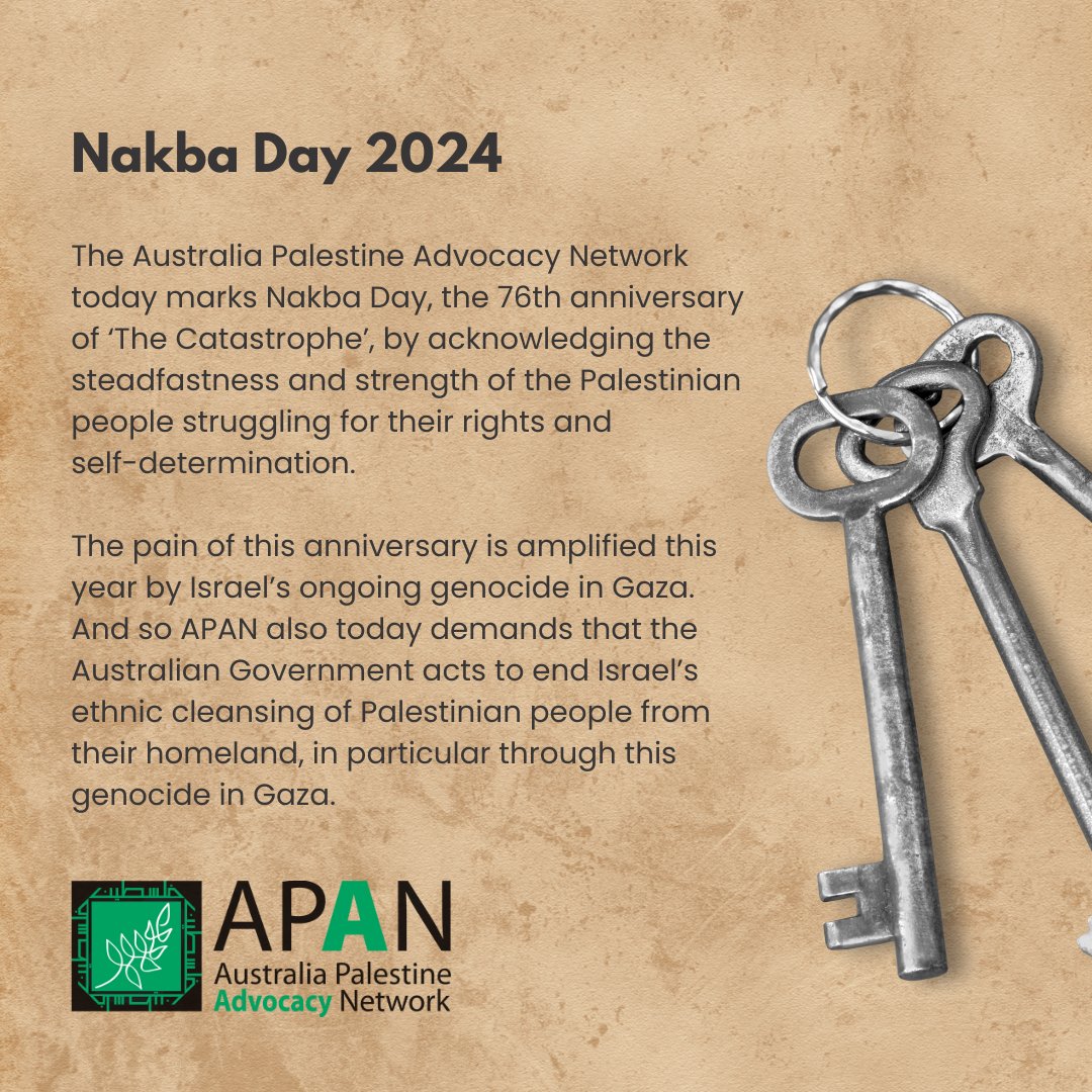 Today we mark Nakba Day. We acknowledge that the Nakba continues to this day. And we acknowledge the steadfastness and strength of Palestinians who continue to struggle for their rights and self-determination. Free Palestine. Read more - apan.org.au/media_release/…