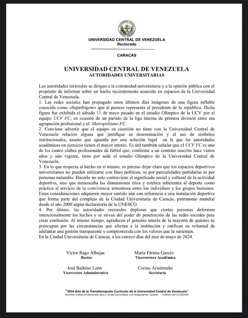 Las Autoridades de la UCV hacen publica su posición ante el acto no autorizado de colocar figuras inflables de Maduro en los espacios deportivos de la universidad