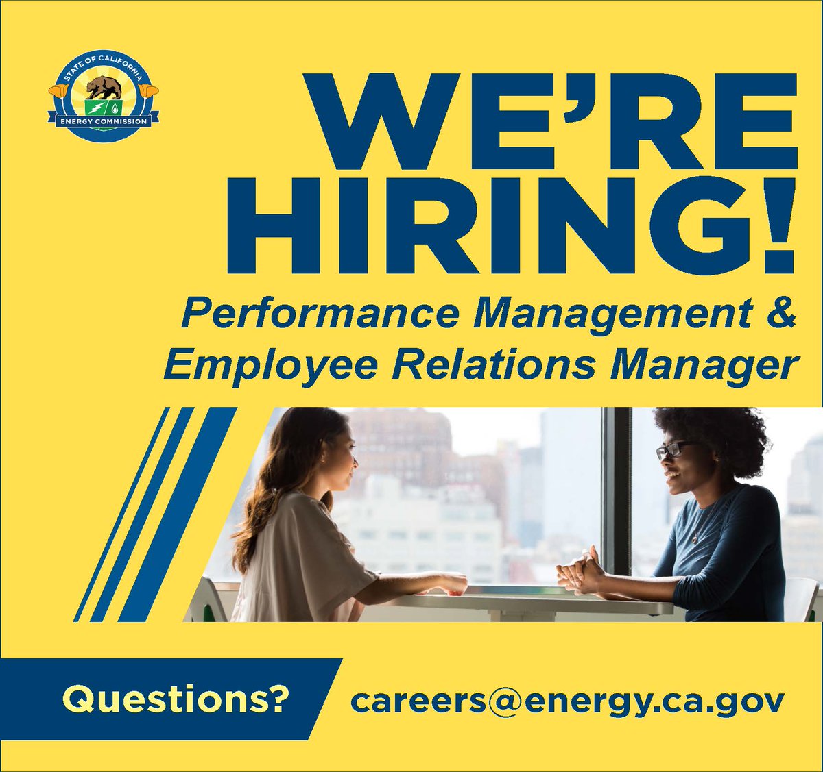 ⚡#CalEnergy is hiring a Performance Management & Employee Relations Manager! This position oversees the Employee Relations Office & the performance management/labor relations program. 📅Apply by 5/20: bit.ly/3wASK7e 💰Salary: $6,760 - $8,398, benefits, & pension!