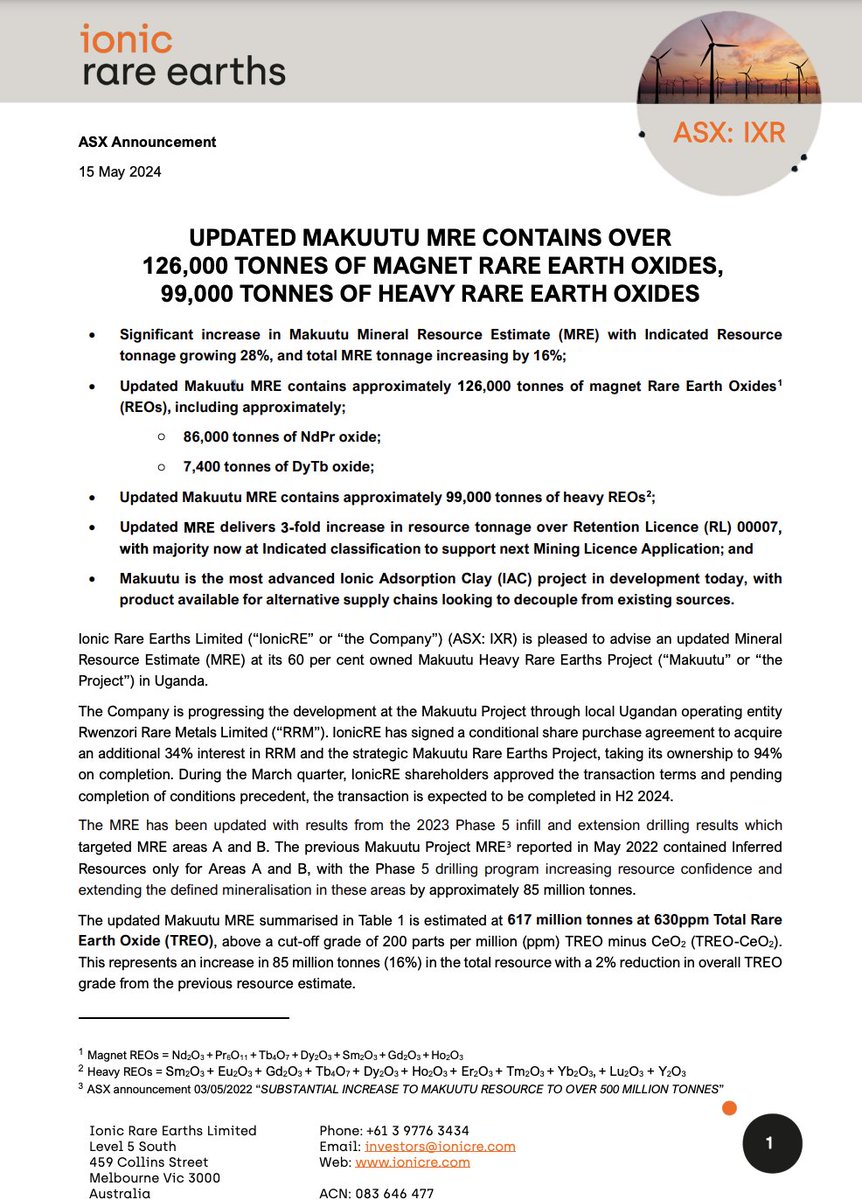 @Ionic_RE is pleased to advise an updated Mineral Resource Estimate at its 60% owned Makuutu Heavy Rare Earths Project in Uganda.

ASX 🔗 bit.ly/3WMPbpf

$IXR #mining #circulareconomy #rareearthelements #EV #batterymetals #cleanenergy #CREO #netzero #REE #technology