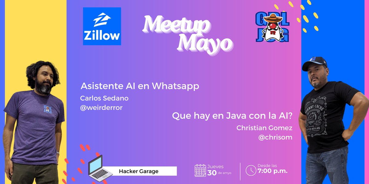 java_gdl's tweet image. Proximo 30 de Mayo, tendremos sesion junto con @j4guanatos y con patrocinio de @zillow , donde hablaremos de Inteligencia Artificial usando Java y un par ejemplos divertidos. Mas informacion: meetup.com/es-ES/gdljug/e…