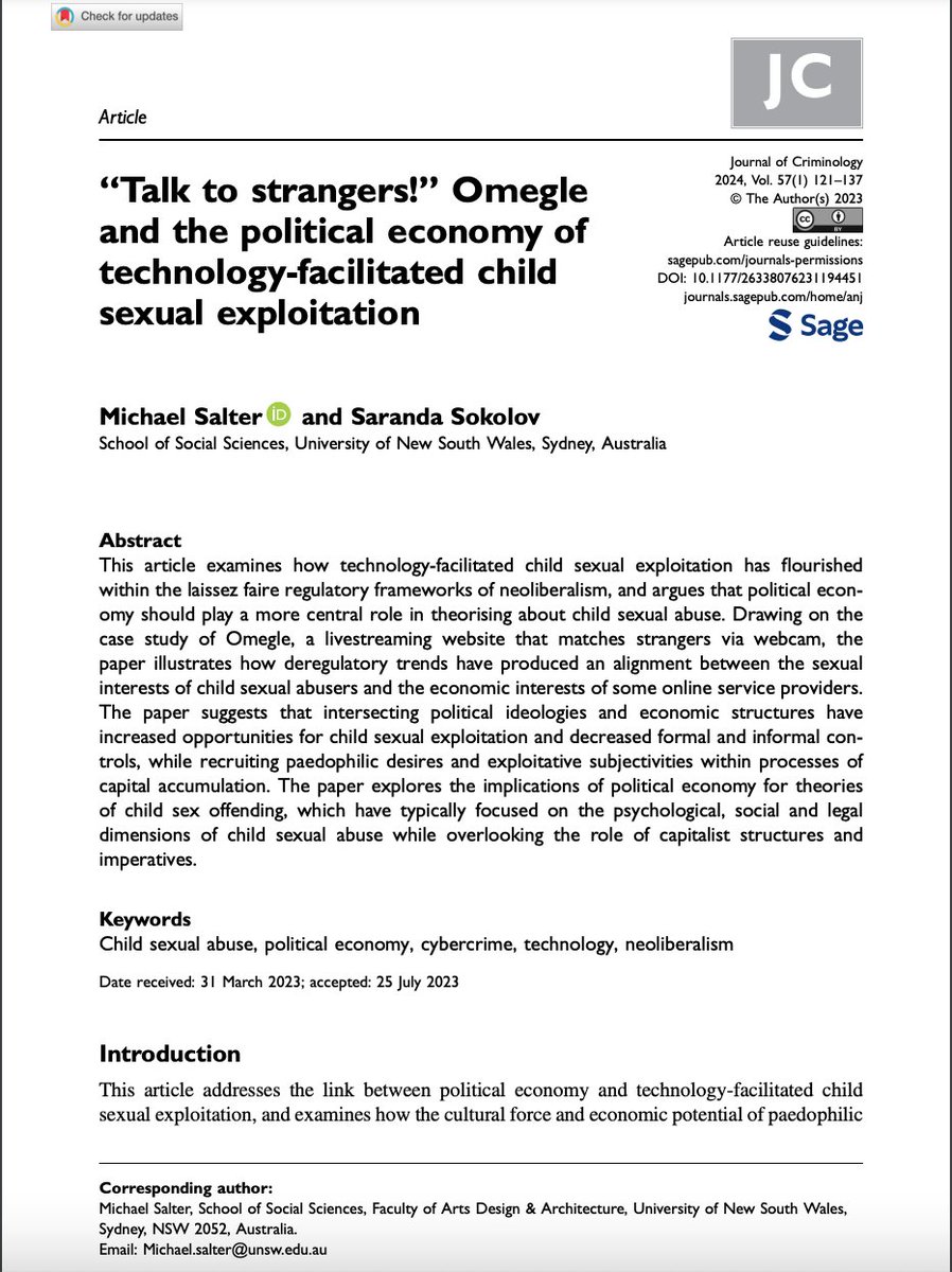 Examining how tech-facilitated child sexual exploitation has flourished within the laissez faire regulatory frameworks of neoliberalism, @mike_salter & Sokolov argue that political economy should play a more central role in theorising about this issue. shorturl.at/cgIN0