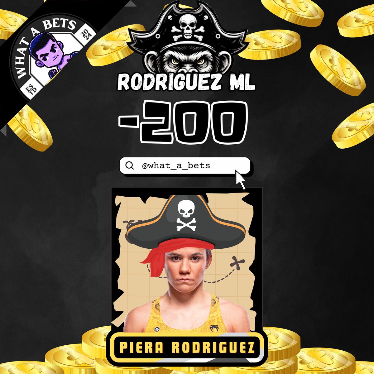 Pot O’ Gold for #UFCVegas92 is Piera Rodriguez!!!! 🏴‍☠️⭐️🏴‍☠️⭐️
Looking to bounce back after the loss last week, Piera is the perfect fighter to get us back on track! 🐵🏴‍☠️🐵🏴‍☠️
#UFC #bets #FREEBET #freediego #MoneyManagement #MMA