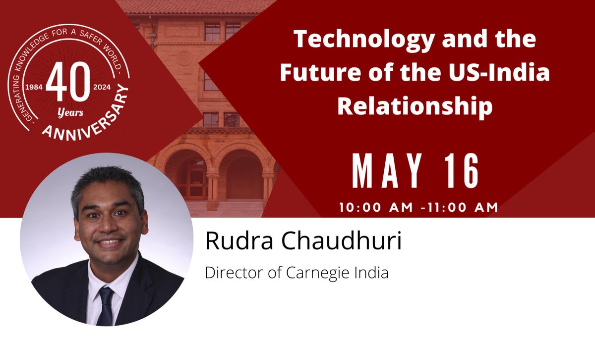 🗓️ UPCOMING EVENT | May 16, 10:00am PT Join @StanfordCISAC for a special discussion with @CarnegieIndia's @Rudra_81 on the impact of the Initiative on Critical Emerging Technology (iCET) and its role in U.S.-India relations moving forward. ℹ️ MORE INFO: ow.ly/ek9R50REWXJ