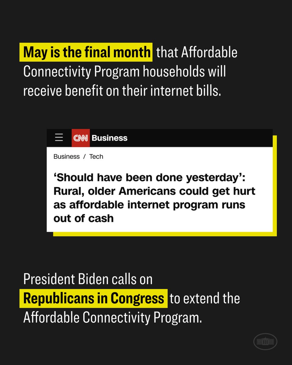 The Affordable Connectivity Program – helping 23 million households save on monthly internet bills – is now set to expire this month. @POTUS calls on Republicans in Congress to extend this program, so millions of Americans can continue to access this essential benefit.