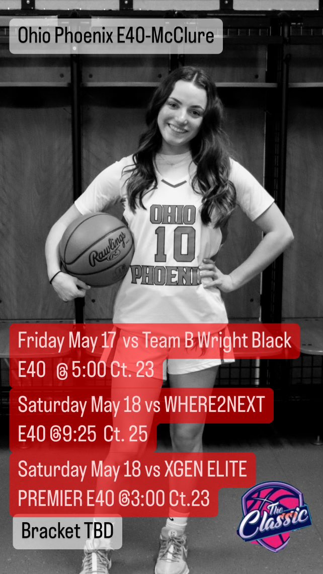 Come check out my teammates and I this weekend as we finish out the Spring Season at The Classic.
 <a href="/PhoenixBBallAAU/">Ohio Phoenix AAU</a> <a href="/Ott_Wbasketball/">Otterbein Women’s Basketball</a>  <a href="/Coach__Lo/">Laura Litchfield</a> <a href="/CarlowCelticWBB/">CarlowCelticsWBB</a> <a href="/chathamwbb/">Chatham Women’s Basketball</a> <a href="/CoachElston33/">Maisie Elston</a>