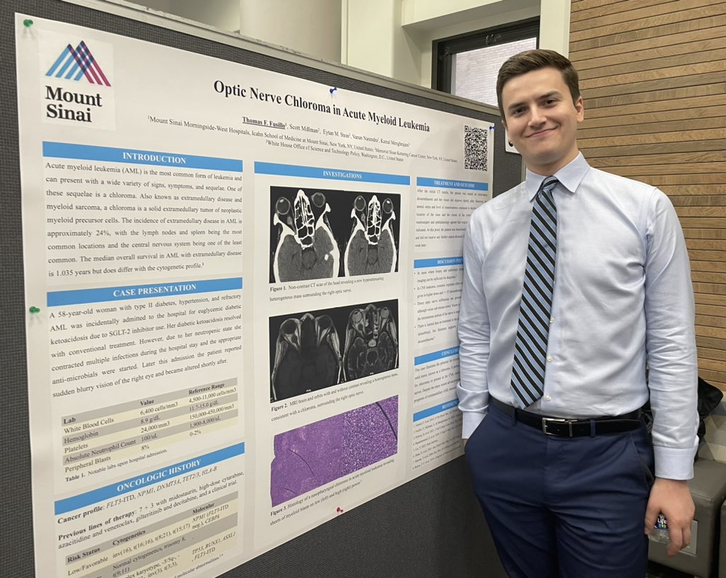 Tom Fusillo, DO (@t_fus) on Twitter photo A great evening at the Mount Sinai Morningside/West Internal Medicine Residency Research Day! I presented a case report on a chloroma surrounding the optic nerve in a patient with acute myeloid leukemia.
Special thanks to my coauthors at <a href="/MSKCancerCenter/">Memorial Sloan Kettering Cancer Center</a> and <a href="/KamalMe/">Kamal Menghrajani, MD, MS</a> A great evening at the Mount Sinai Morningside/West Internal Medicine Residency Research Day! I presented a case report on a chloroma surrounding the optic nerve in a patient with acute myeloid leukemia.
Special thanks to my coauthors at <a href="/MSKCancerCenter/">Memorial Sloan Kettering Cancer Center</a> and <a href="/KamalMe/">Kamal Menghrajani, MD, MS</a>
