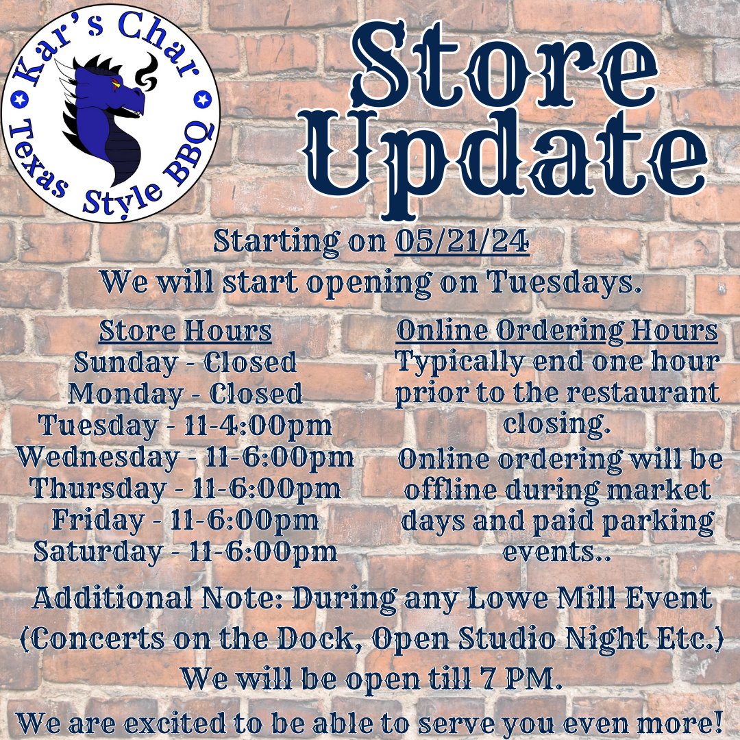 Updates!

#karscharbbq #eatsmallsocal #karschar #lgbtowned #pulledpork #texasbbq #ihearthsv #lowemillarts #dinelocal #PulledPorkBBQ #smallbiz #brisket #huntsvilleal #hsvbbq #dinehsv #HSV #eatlocal