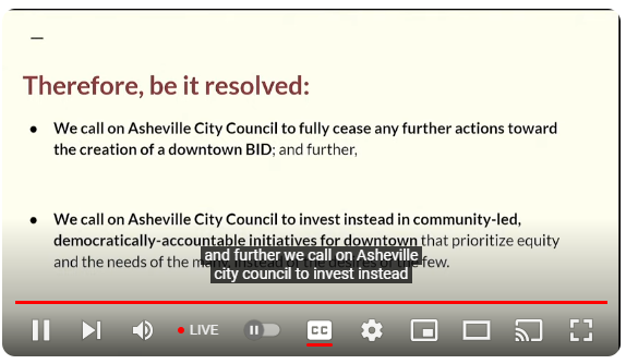 Speaker reads off the petition opposing the BID that has been signed by 920 people so far. #avlgov