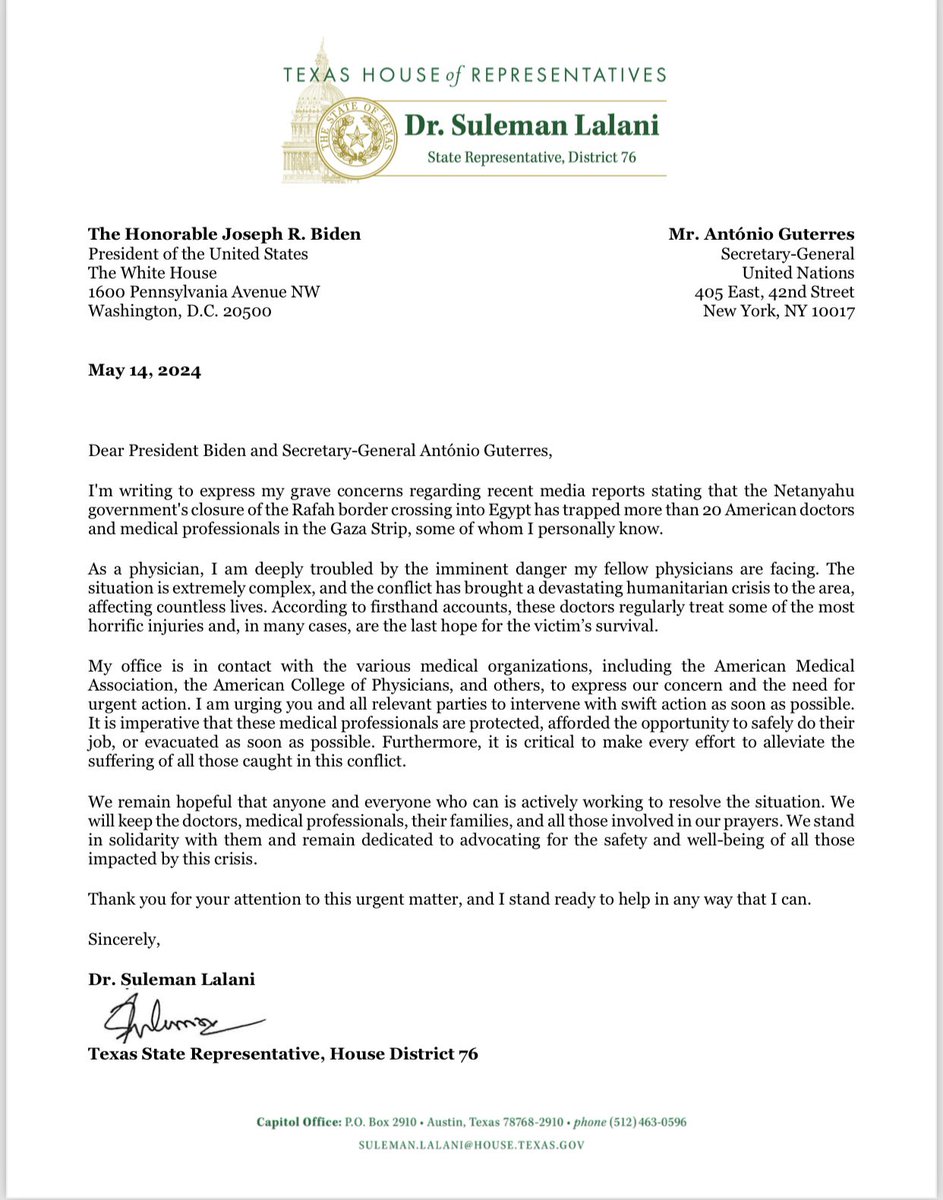 Unprecedented times demand unprecedented leadership, compassion & courage. We demand immediate action for safe and immediate return of doctors and medical professionals trapped in Gaza #Lalani76 #TxLege