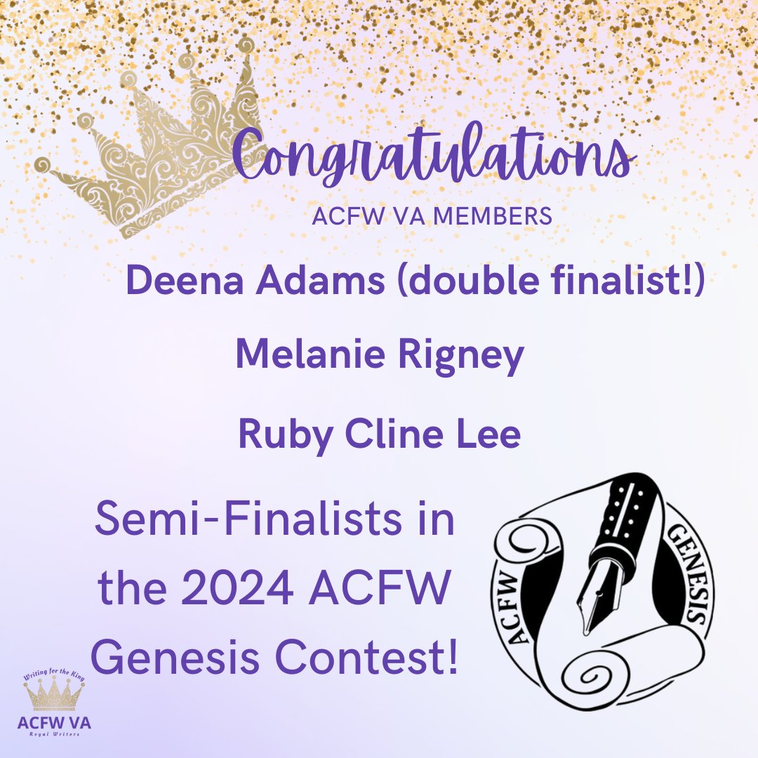 Join us in congratulating ACFW Virginia members who were semi-finalists in the Genesis contest! @Deenamadams @MelanieRigney @RubyClineLee