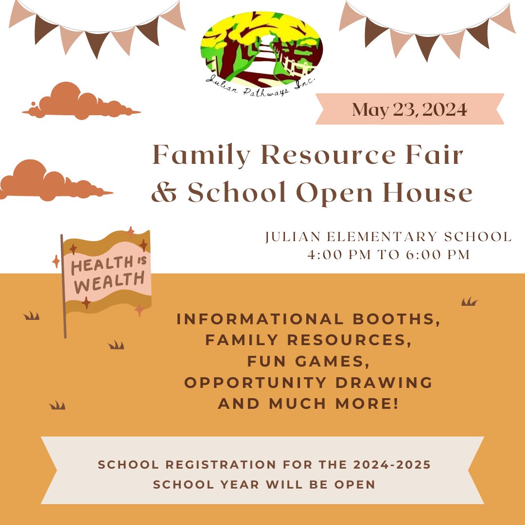 Come see the @LiveWoWBus at the Family Resource Fair & School Open House and receive general county resources and vaccine services. This free event will be held at Julian Elementary School, Thursday, May 23rd from 4 PM- 6 PM. See you there. @julianpathwaysinc