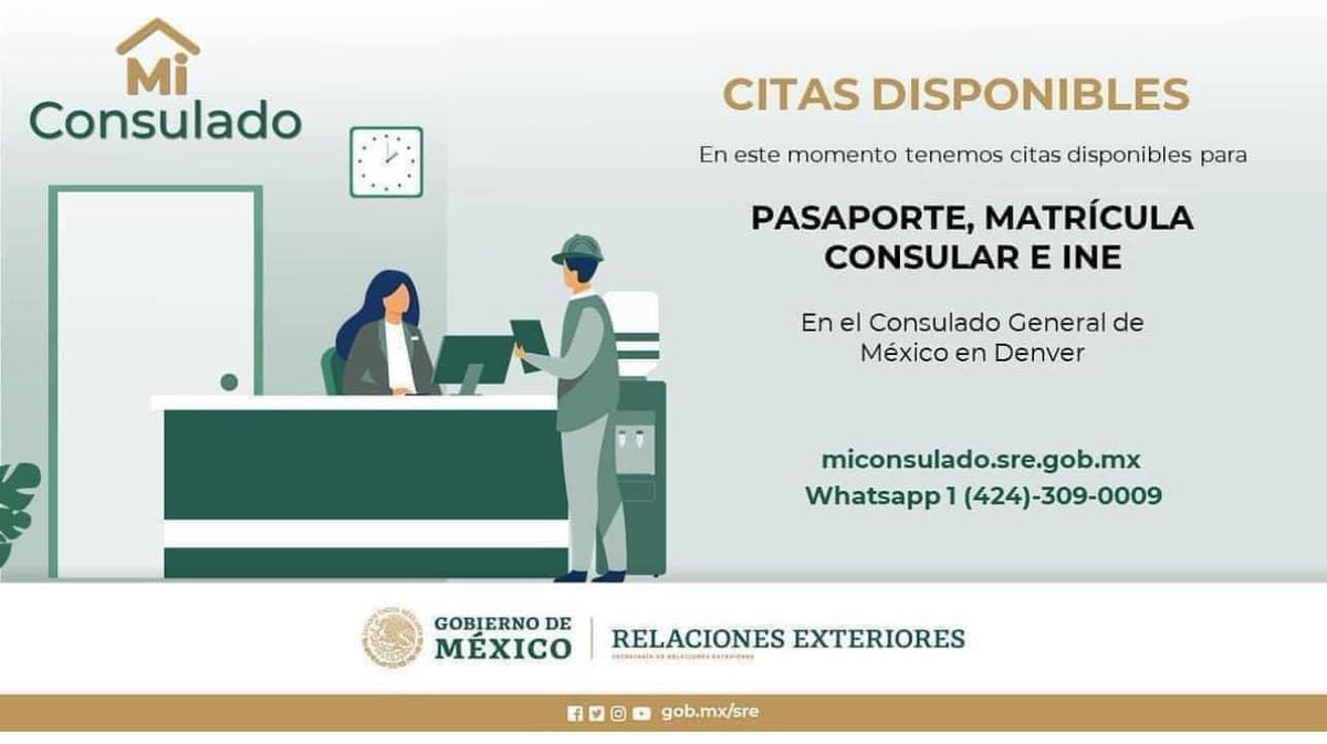 🚨CITAS DISPONIBLES⚠️ 🚨 Ya se encuentran disponibles las citas para pasaporte, matrícula consular e INE para la semana del 20 al 24 de mayo de 2024 en el @ConsulMexDen ✅Programa tu cita en citas.sre.gob.mx ✅Vía mensaje de WhatsApp al 424 309 0009