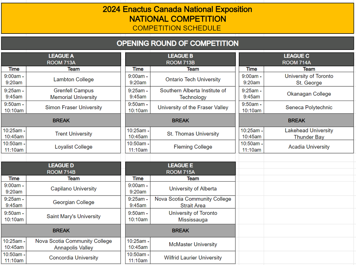 Enactus_Canada's tweet photo. THEY'RE HERE! Here are the presentation times for tomorrow morning's Opening Round of Competition! 📜👀
A huge thank you to everyone for bringing the ENERGY to #EnactusNationals! The anticipation for day two is building already! https://t.co/dOcSuaQZjQ