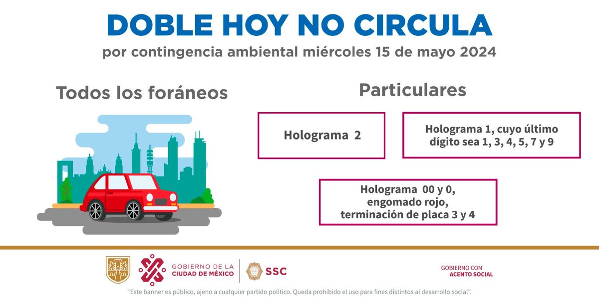 La @CAMegalopolis informa que se mantiene contingencia ambiental por ozono; mañana miércoles 15 de mayo el programa #HoyNoCircula aplica a vehículos con holograma 2, holograma 1 terminación de placa 1, 3, 4, 5, 7 y 9; también holograma 0 y 00 engomado rojo terminación 3 y 4, de…