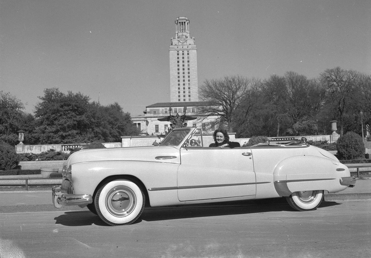 1948: Stylin' in front of the @UTAustin Tower with a Buick Roadmaster convertible. Time to cruise the Drag.