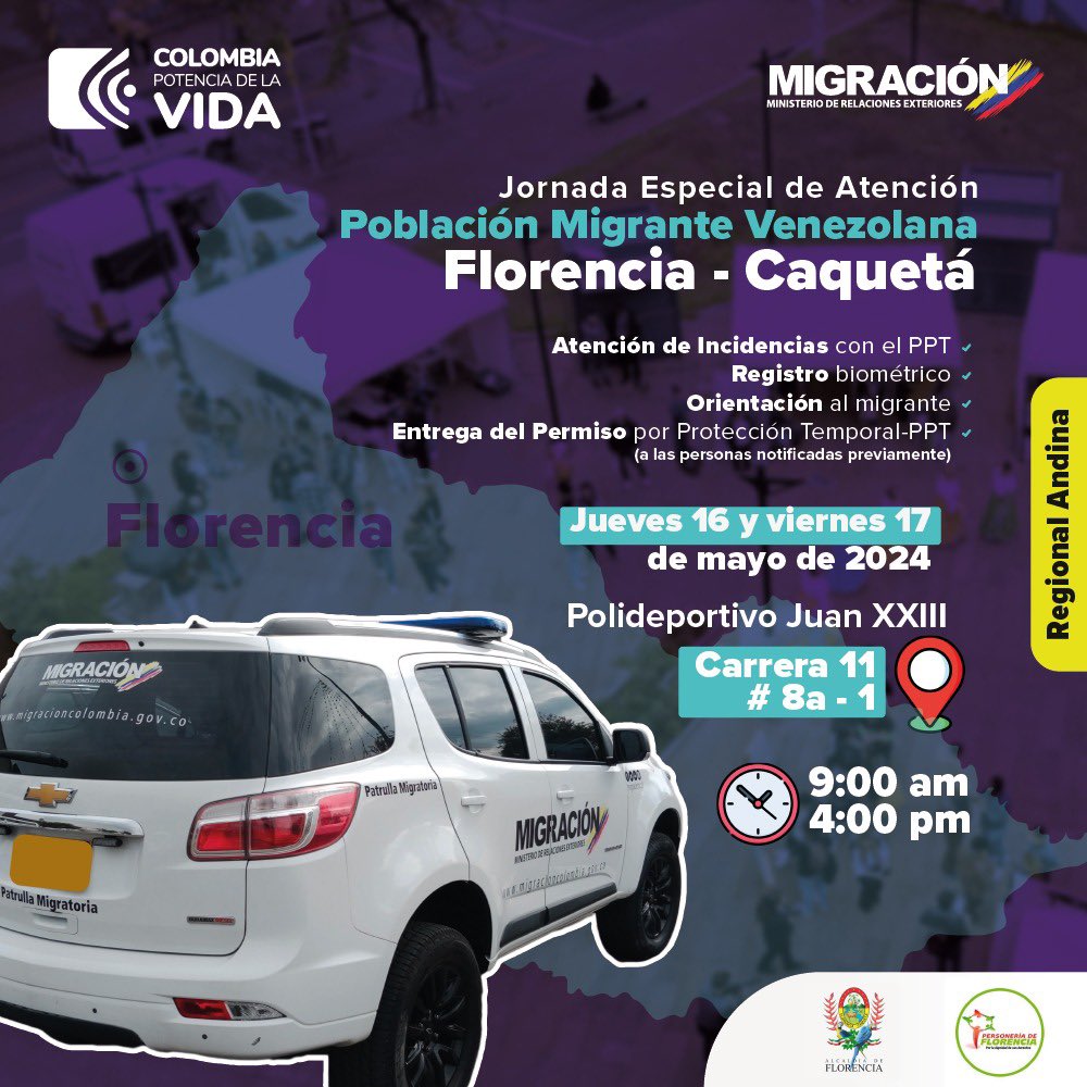 📢 Llegamos al departamento del #Caquetá para apoyar a la población migrante venezolana en sus trámites del #PPT. Este jueves y viernes desde las 9 a.m. en el Polideportivo Juan XXIII podrás: ✅ Registrarte en el RUMV (solo menores de edad) 🧿 Hacer biometría 🪪 Reclamar tu PPT