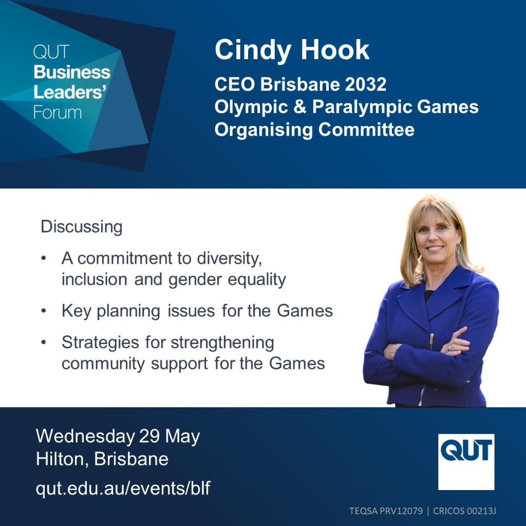 Join us at the #QUT Business Leaders’ Forum to hear Cindy Hook, CEO of #Brisbane2032, share insights on diversity, sustainability, and the lasting impact of the Games on Brisbane, QLD, and Australia. bit.ly/3UYlO1Q #QUTBLF #BusinessLeaders