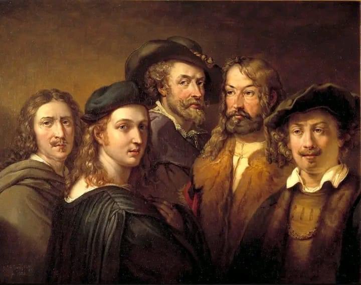 'Cinco viejos maestros' (Poussin, Rafael, Rubens, Durero, Rembrandt)
Es una pintura del artista sueco Johan Gustaf Sandberg realizada en 1854. Es un óleo sobre lienzo y se conserva en el Museo Nacional, Estocolmo.